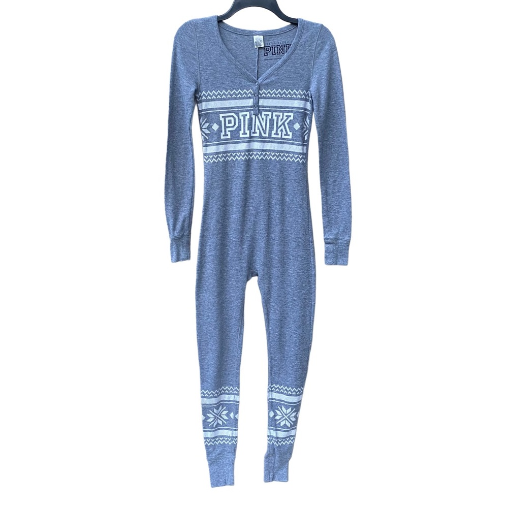 PINK Victoria’s Secret Gray Thermal Long John Christmas Fair Isle Onsie Flap XS